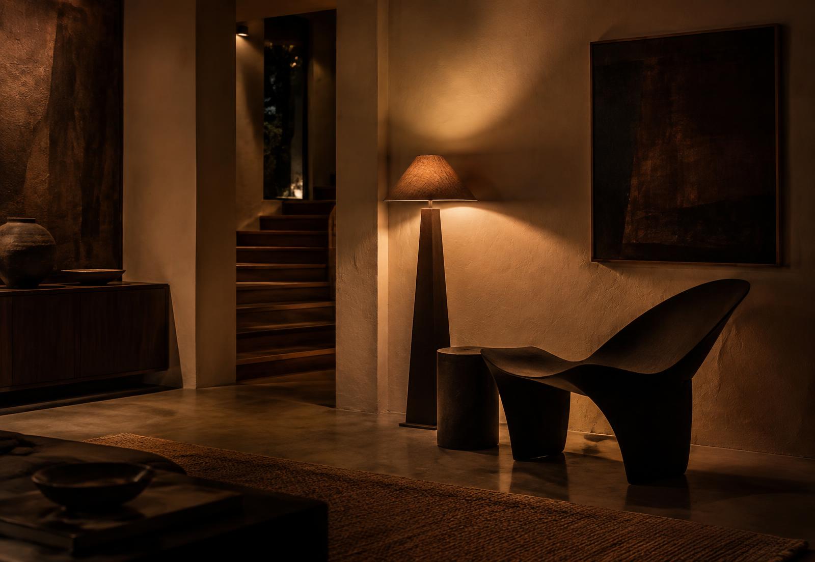 The same interior in low warm evening light