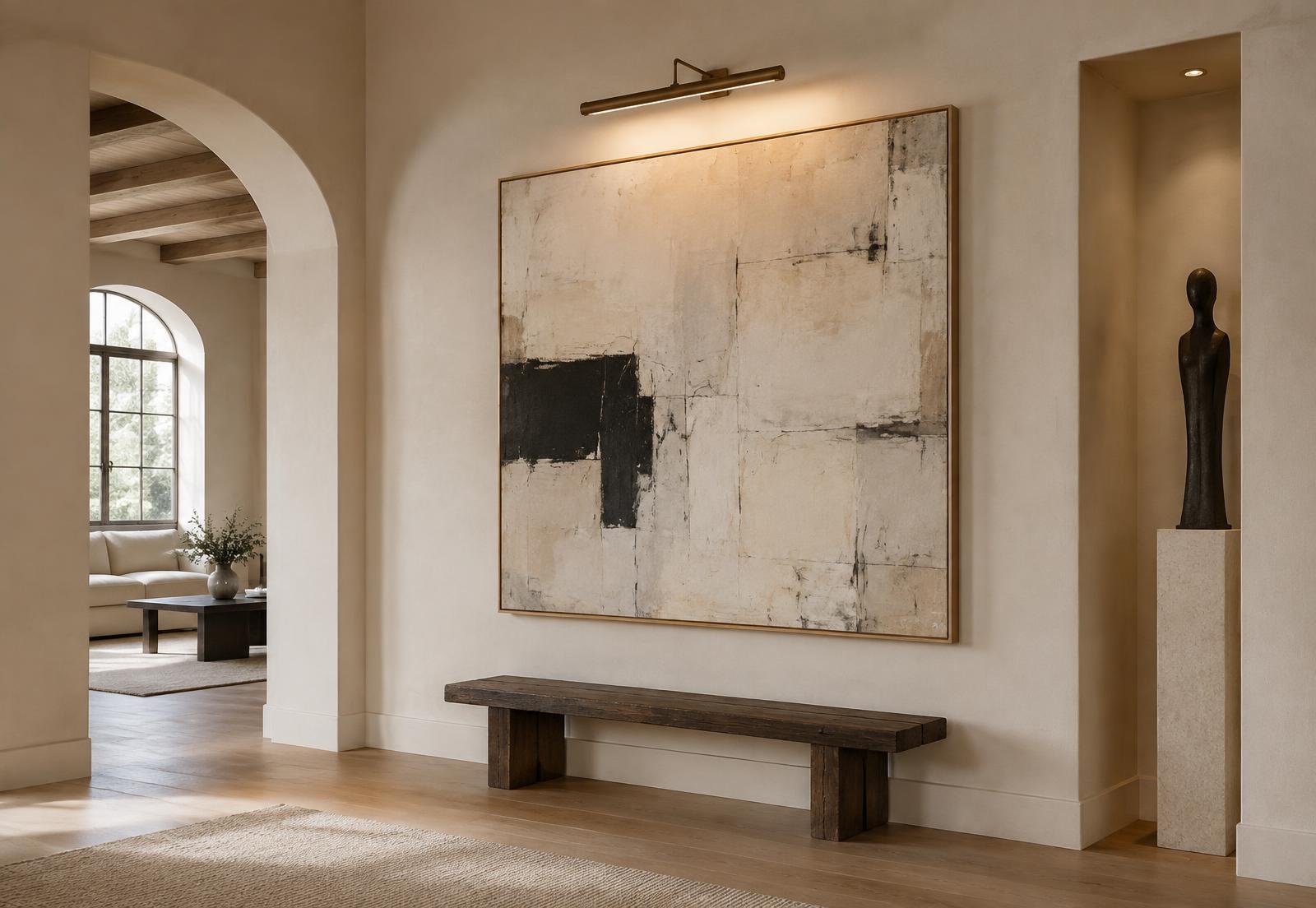 Gallery-style art wall with large abstract canvas and picture lighting