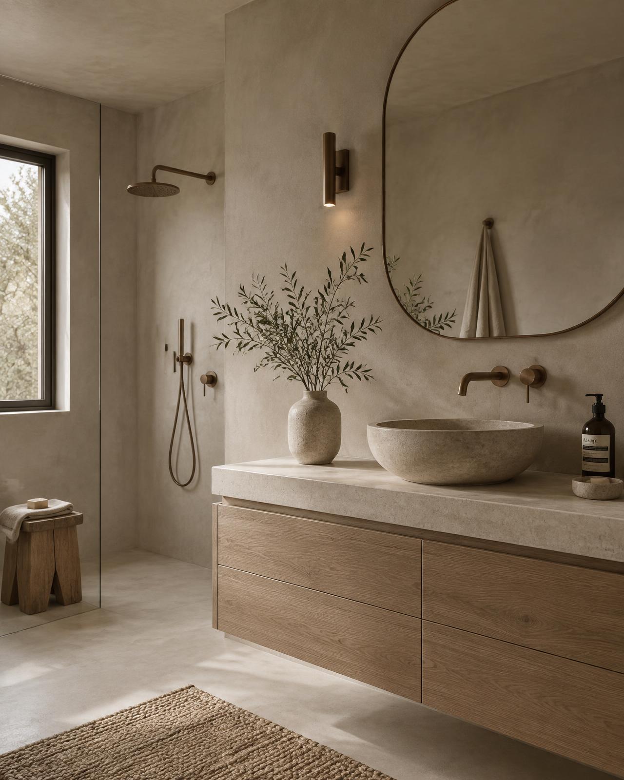 Warm minimal bathroom with microcement walls, oak vanity and bronze fixtures