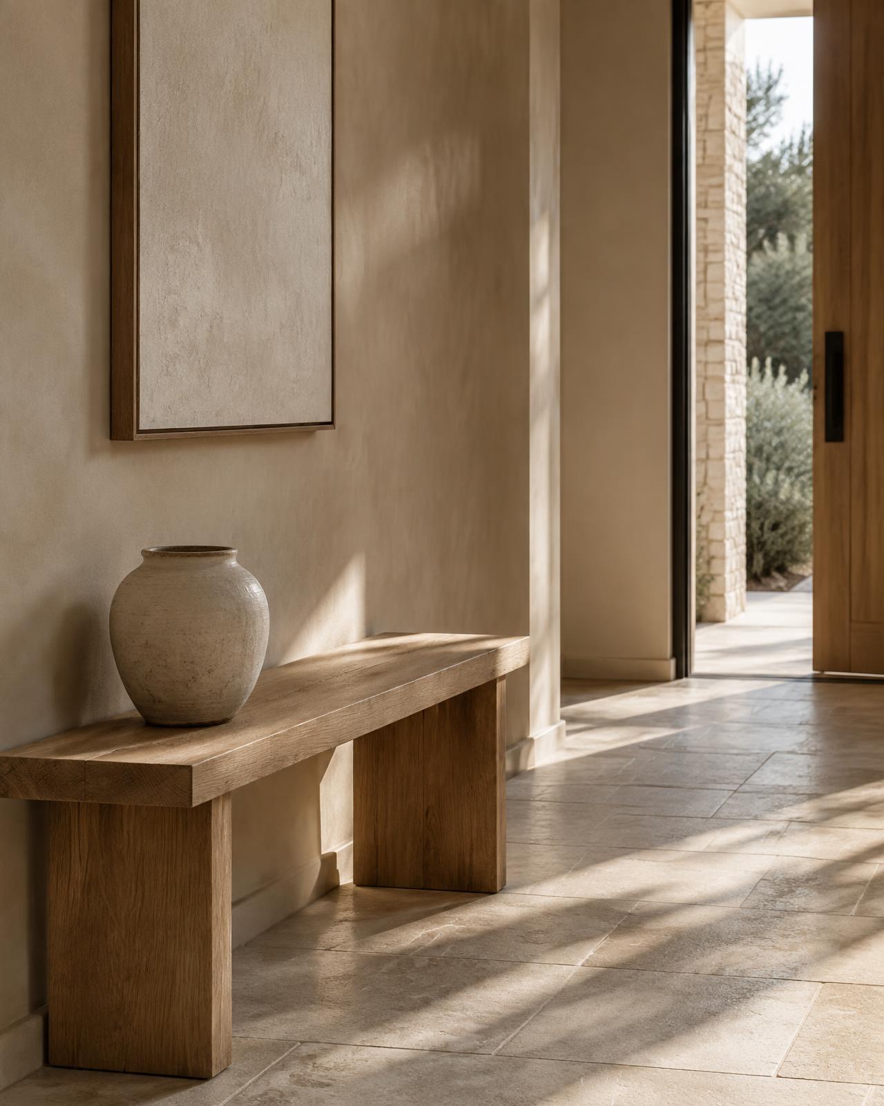 Minimal entryway with oak bench, limewash wall and long daylight shadows