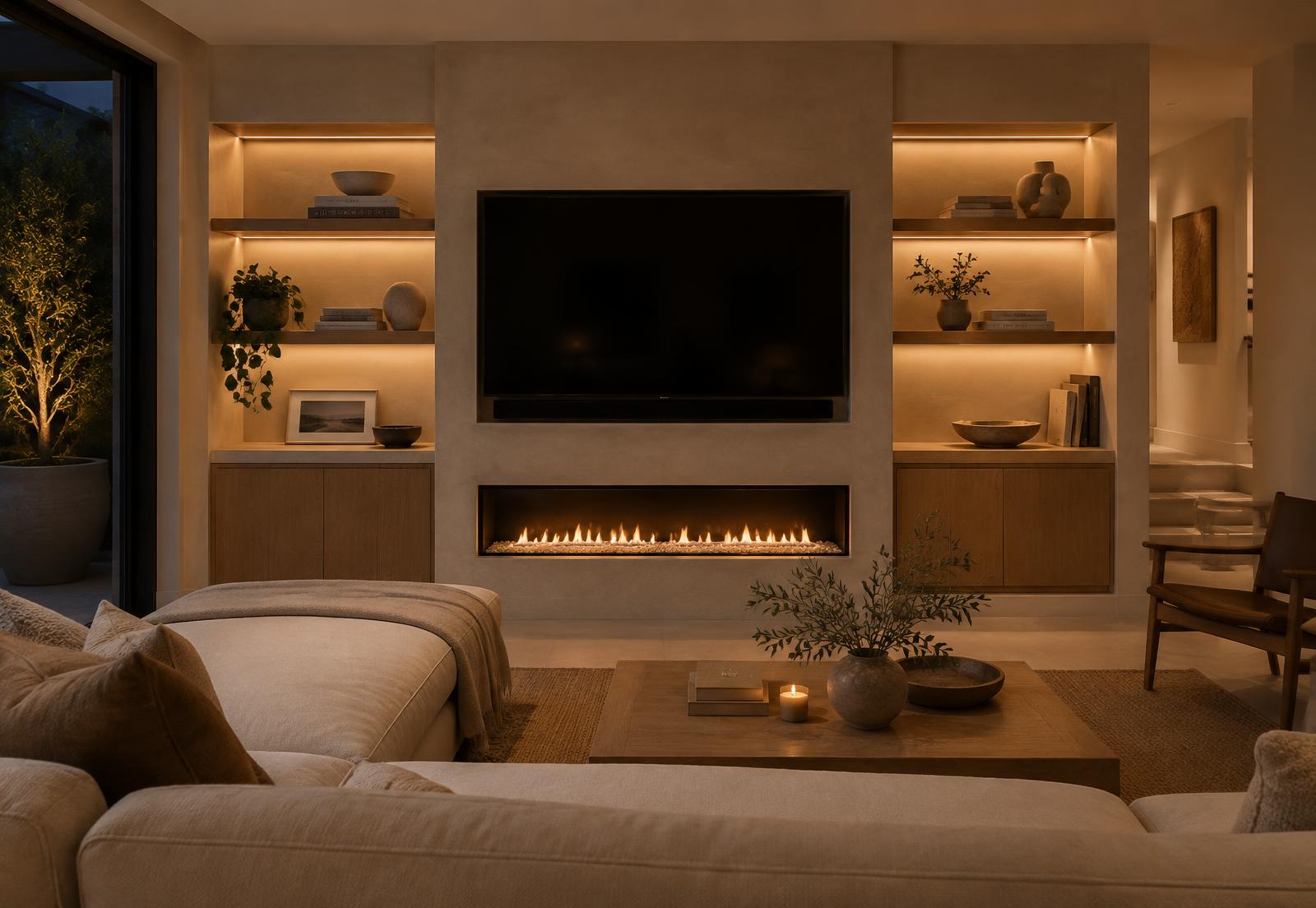 Custom built-in media wall with floating oak shelving and integrated lighting